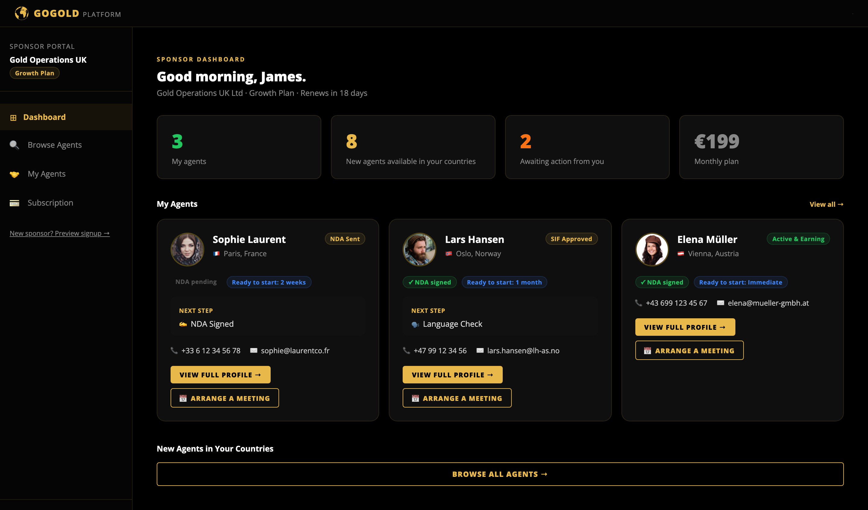 GOGOLD sponsor dashboard showing your matched agents with photos, status, and actions required