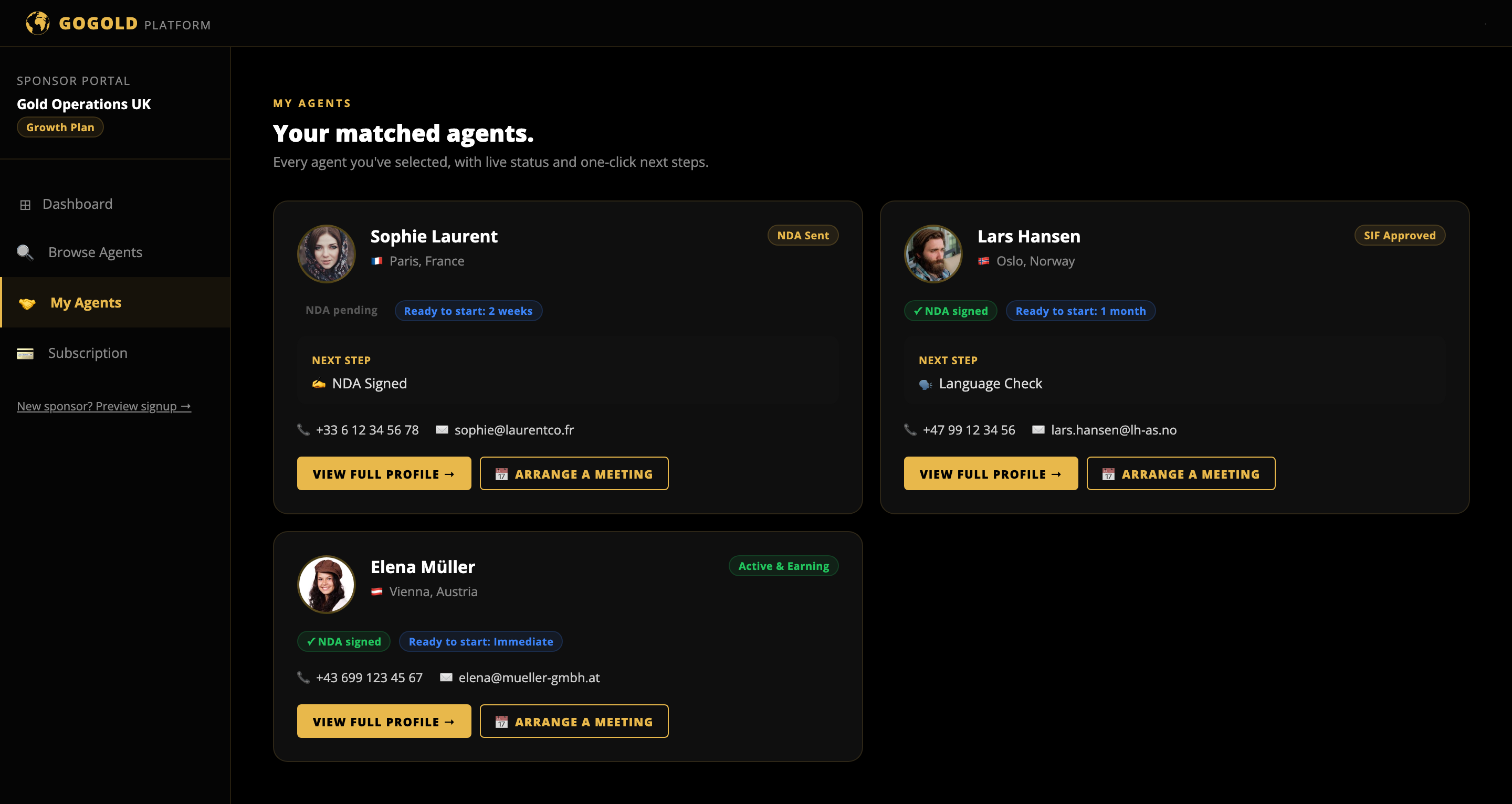 My Agents view showing matched agent cards with photo, location, NDA status, next step, contact details, and an Arrange a Meeting button